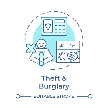 Hırsızlık ve hırsızlık. Yumuşak mavi kavram ikonu. Fiziksel güvenlik tehdidi ve risk. Yasadışı mal nakli. Yuvarlak şekil çizimi. Soyut bir fikir. Grafik tasarımı. Kitapçıkta kullanması kolay