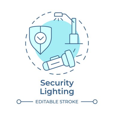 Güvenlik, yumuşak mavi konsept simgesini aydınlatıyor. Fiziksel koruma denetim bileşeni. Bölgenin görünürlüğünü arttır. Yuvarlak şekil çizimi. Soyut bir fikir. Grafik tasarımı. Kitapçıkta kullanması kolay