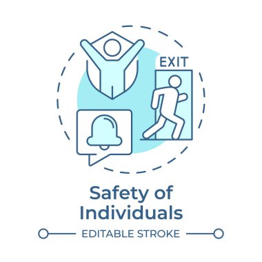 Bireylerin güvenliği. Yumuşak mavi kavram ikonu. Fiziksel güvenliğin faydaları. İnsanları tehditlerden korumak. Yuvarlak şekil çizimi. Soyut bir fikir. Grafik tasarımı. Kitapçıkta kullanması kolay