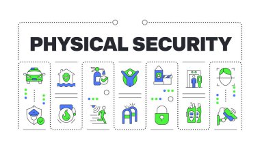 Beyaz üzerine izole edilmiş fiziksel güvenlik kelimesi konsepti. Koruma teknolojisi. Güvenlik yöntemleri. Düzenlenebilir renkli çizgi simgeleriyle çevrili yaratıcı illüstrasyon afişi. İnbot Sans yazı tipi kullanıldı