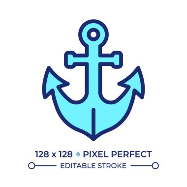 Çapa pikseli mükemmel çizgi renk simgesi. Ağır gemi demirleme cihazı. Teknede kullanılan cihaz. Deniz taşıma ekipmanları. İzole vektör çizimi. Düz renkli sembol tasarımı. Düzenlenebilir vuruş