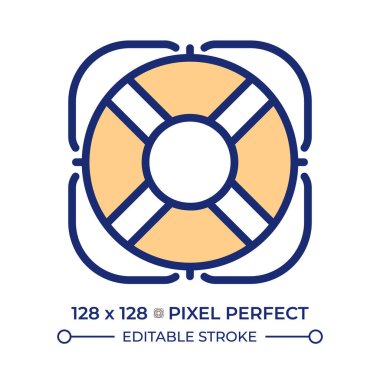 Lifebuoy pikseli mükemmel çizgi renk simgesi. Kişisel yüzdürme cihazı. Kurtarma çemberi insanları sudan kurtarıyor. Gemi can kurtaranı. İzole vektör çizimi. Düz renkli sembol tasarımı. Düzenlenebilir vuruş