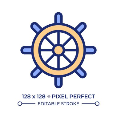 Dümen pikseli mükemmel çizgi renk simgesi. Geminin direksiyonu. Vintage araç gereç. Tekne kontrolü için seviye. İzole vektör çizimi. Düz renkli sembol tasarımı. Düzenlenebilir vuruş