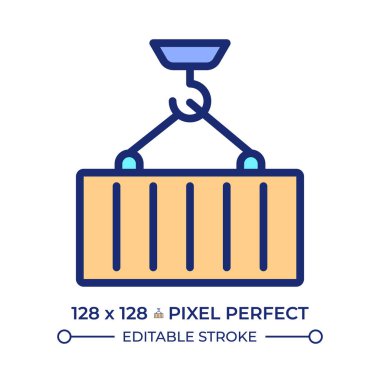 Taşıyıcı yükleme piksel mükemmel çizgi renk simgesi. Crain ağır kargo taşıyor. Liman limanının kaldırma ekipmanları. İzole vektör çizimi. Düz renkli sembol tasarımı. Düzenlenebilir vuruş