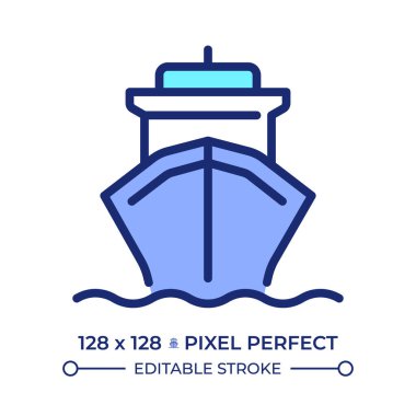 Kargo gemisi pikseli kusursuz çizgi renk simgesi. Deniz taşımacılığı. Malları deniz yoluyla nakliye eden bir yük gemisi. Lojistik endüstrisi. İzole vektör çizimi. Düz renkli sembol tasarımı. Düzenlenebilir vuruş