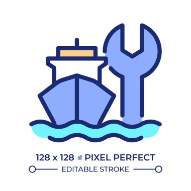 Gemi bakım piksel mükemmel çizgi renk simgesi. Deniz taşımacılığı teknik desteği. Gemi tamir servisi. Kuru rıhtım. İzole vektör çizimi. Düz renkli sembol tasarımı. Düzenlenebilir vuruş