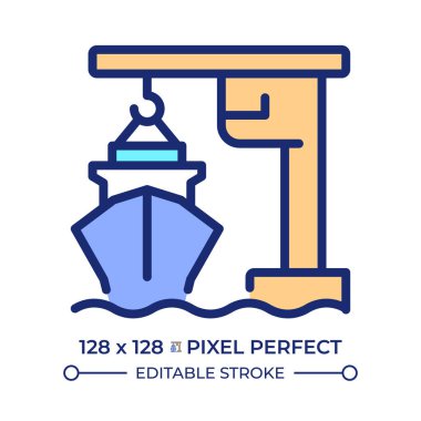 İskele vinç pikseli mükemmel çizgi renk simgesi. Makine gemiye kargo yüklüyor. Nakliye gemisi rıhtımda. İzole vektör çizimi. Düz renkli sembol tasarımı. Düzenlenebilir vuruş