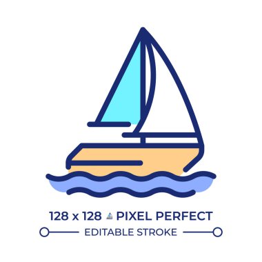 Yelkenli gemi pikseli mükemmel çizgi renk simgesi. Deniz yolculuğunda yat. Yelkenliyle deniz kenarında seyahat ediyor. Deniz taşımacılığı. İzole vektör çizimi. Düz renkli sembol tasarımı. Düzenlenebilir vuruş