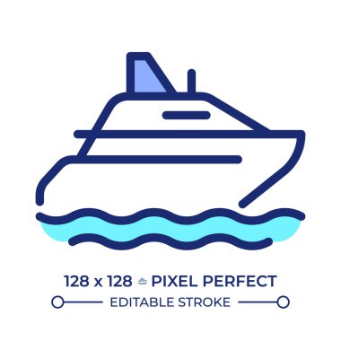 Yat pikseli mükemmel çizgi renk simgesi. Denizde lüks bir tekne gezisi. Zevkli gemi su yolculuğu. Deniz taşımacılığı. İzole vektör çizimi. Düz renkli sembol tasarımı. Düzenlenebilir vuruş