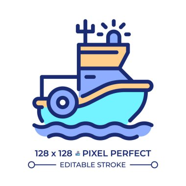 Sahil güvenlik botu pikseli mükemmel çizgi renk simgesi. Deniz güvenlik gemisi. Su üstünde kolluk kuvvetleri ve kurtarma servisi. İzole vektör çizimi. Düz renkli sembol tasarımı. Düzenlenebilir vuruş