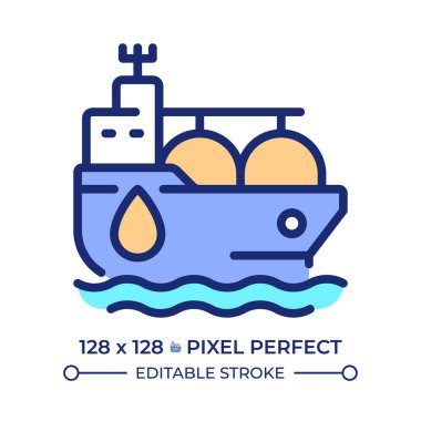 Tanker gemisi pikseli mükemmel çizgi renk simgesi. Yakıt taşıyıcı gemi kargoyu denizden taşıyor. Deniz taşımacılığı tipi. İzole vektör çizimi. Düz renkli sembol tasarımı. Düzenlenebilir vuruş