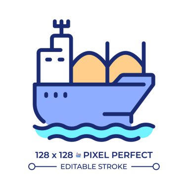 Toplu taşıyıcı piksel mükemmel çizgi renk simgesi. Paketlenmemiş kargo taşıyan ticaret gemisi. Mallar su yoluyla teslim edilir. İzole vektör çizimi. Düz renkli sembol tasarımı. Düzenlenebilir vuruş