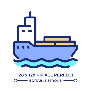 Mavna piksel mükemmel çizgi renk simgesi. Sığ sularda su nakli. Yük taşıyan kargo gemisi. Denizcilik endüstrisi. İzole vektör çizimi. Düz renkli sembol tasarımı. Düzenlenebilir vuruş