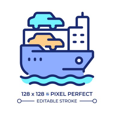 Araba taşıyıcı piksel mükemmel çizgi renk simgesi. Gemi, otomobilleri denizden taşıyor. Araç taşıyıcısı. Denizcilik sevkiyat servisi. İzole vektör çizimi. Düz renkli sembol tasarımı. Düzenlenebilir vuruş