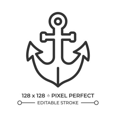 Çapa pikseli mükemmel çizgi simgesi. Ağır gemi demirleme cihazı. Teknede kullanılan cihaz. Deniz taşıma ekipmanları. İzole vektör çizimi. Taslak sembol. Basit doğrusal çizim. Düzenlenebilir vuruş