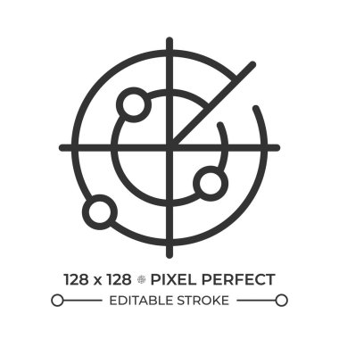 Denizci radar pikseli mükemmel çizgi simgesi. Ekipman tespit edildi. Gemiler ve kara tehlikeleri. Çarpışmadan kaçınma. İzole vektör çizimi. Taslak sembol. Basit doğrusal çizim. Düzenlenebilir vuruş