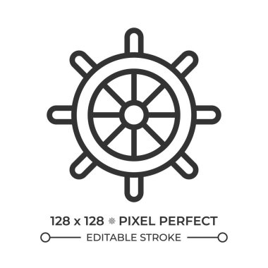 Dümen pikseli mükemmel çizgi simgesi. Geminin direksiyonu. Vintage araç gereç. Tekne kontrolü için seviye. İzole vektör çizimi. Taslak sembol. Basit doğrusal çizim. Düzenlenebilir vuruş