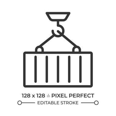 Konteynır yükleme piksel mükemmel çizgi simgesi. Crain ağır kargo taşıyor. Liman limanının kaldırma ekipmanları. İzole vektör çizimi. Taslak sembol. Basit doğrusal çizim. Düzenlenebilir vuruş