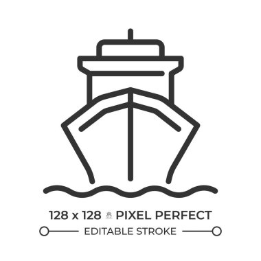 Kargo gemisi pikseli mükemmel çizgi simgesi. Denizcilik nakliye servisi. Malları deniz yoluyla nakliye eden bir yük gemisi. İzole vektör çizimi. Taslak sembol. Basit doğrusal çizim. Düzenlenebilir vuruş