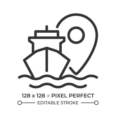 Geminin konumu piksel mükemmel çizgi simgesi. Denizdeki gemi rotası takip ediliyor. Deniz taşımacılığı endüstrisi. Seyrüsefer. İzole vektör çizimi. Taslak sembol. Basit doğrusal çizim. Düzenlenebilir vuruş