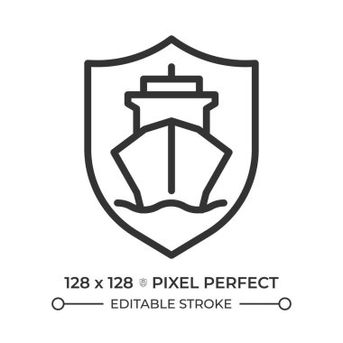 Gemi güvenliği pikseli mükemmel çizgi simgesi. Gemilerdeki yolcuların korunması. Deniz taşımacılığı. İzole vektör çizimi. Taslak sembol. Basit doğrusal çizim. Düzenlenebilir vuruş