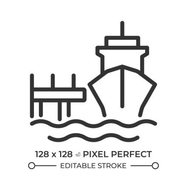 Rıhtım pikseli mükemmel çizgi simgesi. Demir atma gemisi limanda. Deniz taşımacılığı endüstrisi. Gemi ekipmanı. İzole vektör çizimi. Taslak sembol. Basit doğrusal çizim. Düzenlenebilir vuruş