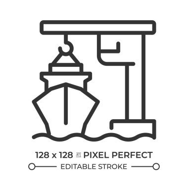 İskele vinç pikseli mükemmel çizgi simgesi. Makine gemiye kargo yüklüyor. Nakliye gemisi rıhtımda. İzole vektör çizimi. Taslak sembol. Basit doğrusal çizim. Düzenlenebilir vuruş