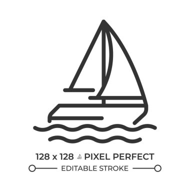 Yelkenli gemi pikseli mükemmel çizgi simgesi. Deniz yolculuğunda yat. Yelkenliyle deniz kenarında seyahat ediyor. Denizcilik. İzole vektör çizimi. Taslak sembol. Basit doğrusal çizim. Düzenlenebilir vuruş