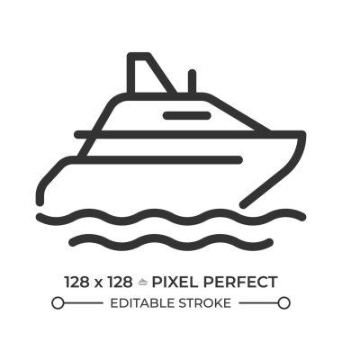 Yat pikseli mükemmel çizgi simgesi. Denizde lüks bir tekne gezisi. Keyif uçuşu. Deniz taşımacılığı. İzole vektör çizimi. Taslak sembol. Basit doğrusal çizim. Düzenlenebilir vuruş