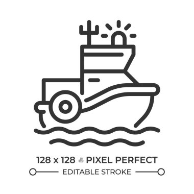 Sahil güvenlik botu pikseli mükemmel çizgi simgesi. Deniz güvenlik gemisi. Kolluk kuvvetleri ve su üzerinde kurtarma. İzole vektör çizimi. Taslak sembol. Basit doğrusal çizim. Düzenlenebilir vuruş