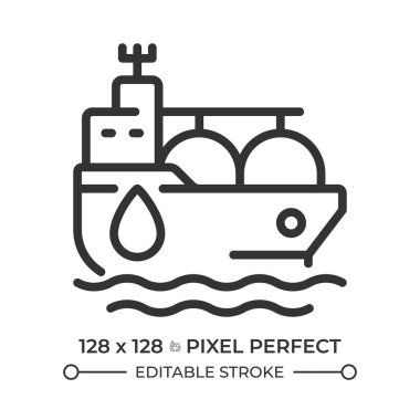 Tanker gemisi pikseli mükemmel çizgi simgesi. Yakıt taşıyıcı gemi kargoyu denizden taşıyor. Deniz taşımacılığı tipi. İzole vektör çizimi. Taslak sembol. Basit doğrusal çizim. Düzenlenebilir vuruş