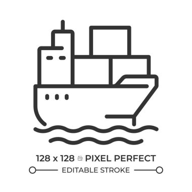 Taşıyıcı kap piksel mükemmel çizgi simgesi. Malları deniz yoluyla taşıyan kargo gemisi. Deniz taşımacılığı endüstrisi. İzole vektör çizimi. Taslak sembol. Basit doğrusal çizim. Düzenlenebilir vuruş