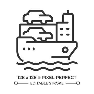 Araba taşıyıcı piksel mükemmel çizgi simgesi. Gemi deniz yoluyla otomobil taşıyor. Araç taşıyıcısı. Deniz sevkiyatı. İzole vektör çizimi. Taslak sembol. Basit doğrusal çizim. Düzenlenebilir vuruş