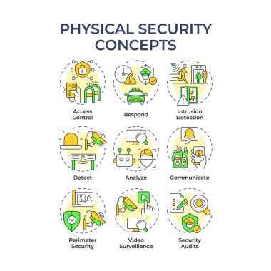 Fiziksel güvenlik çok renkli konsept simgeleri. Güvenlik stratejisi sağlıyor. İnsanları ve varlıkları korumak. Simge paketi. Vektör görüntüleri. Sunum için yuvarlak şekilli çizimler. Soyut fikir