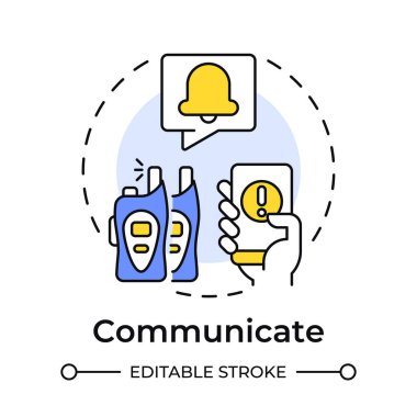 Çok renkli konsept simgesi ile iletişim kurun. Fiziksel güvenlik ekosistemi. Acil sistemler arası koordinasyon. Yuvarlak şekil çizimi. Soyut bir fikir. Grafik tasarımı. Kitapçıkta kullanması kolay