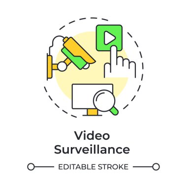 Video izleme çok renkli konsept simgesi. Fiziksel güvenlik sisteminin bileşeni. Gerçek zamanlı olarak izleniyor. Yuvarlak şekil çizimi. Soyut bir fikir. Grafik tasarımı. Kitapçıkta kullanması kolay