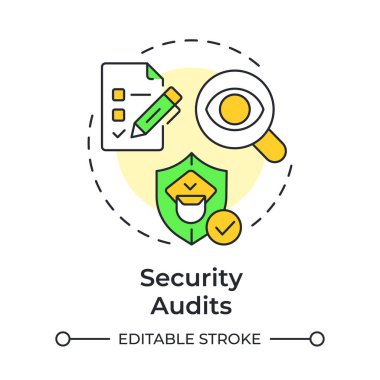 Güvenlik çok renkli konsept simgesini denetliyor. Fiziksel koruma sisteminin bileşeni. Etkinliği değerlendir. Yuvarlak şekil çizimi. Soyut bir fikir. Grafik tasarımı. Kitapçıkta kullanması kolay