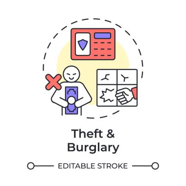 Hırsızlık ve hırsızlık çok renkli konsept ikonu. Fiziksel güvenlik tehdidi ve risk. Yasadışı mal nakli. Yuvarlak şekil çizimi. Soyut bir fikir. Grafik tasarımı. Kitapçıkta kullanması kolay