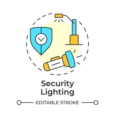 Güvenlik ışıkları çok renkli konsept simgesi. Fiziksel koruma denetim bileşeni. Bölgenin görünürlüğünü arttır. Yuvarlak şekil çizimi. Soyut bir fikir. Grafik tasarımı. Kitapçıkta kullanması kolay