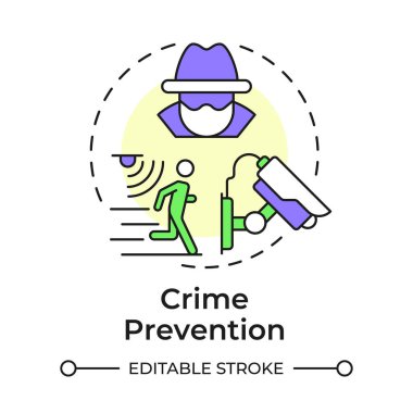 Suç önleme çok renkli konsept simgesi. Fiziksel güvenliğin faydaları. Hassas bölgelere erişimi kontrol etmek. Yuvarlak şekil çizimi. Soyut bir fikir. Grafik tasarımı. Kitapçıkta kullanması kolay