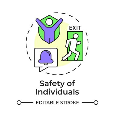 Kişilerin güvenliği çok renkli konsept ikonu. Fiziksel güvenliğin faydaları. İnsanları tehditlerden korumak. Yuvarlak şekil çizimi. Soyut bir fikir. Grafik tasarımı. Kitapçıkta kullanması kolay
