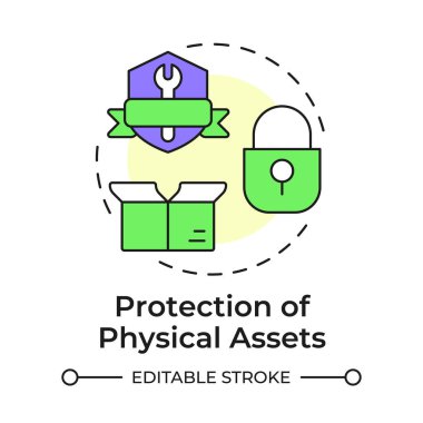 Fiziksel varlıkların korunması çok renkli konsept simgesi. Güvenlik sisteminin faydaları. Önemli bir mülkün güvenliği. Yuvarlak şekil çizimi. Soyut bir fikir. Grafik tasarımı. Kitapçıkta kullanması kolay