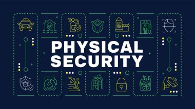 Fiziksel güvenlik siyah kelime konsepti. Personeli ve mülkü hasardan koru. Güvenlik. Yatay vektör görüntüsü. Düzenlenebilir taslak simgelerle çevrili başlık metni. İnbot Sans yazı tipi kullanıldı