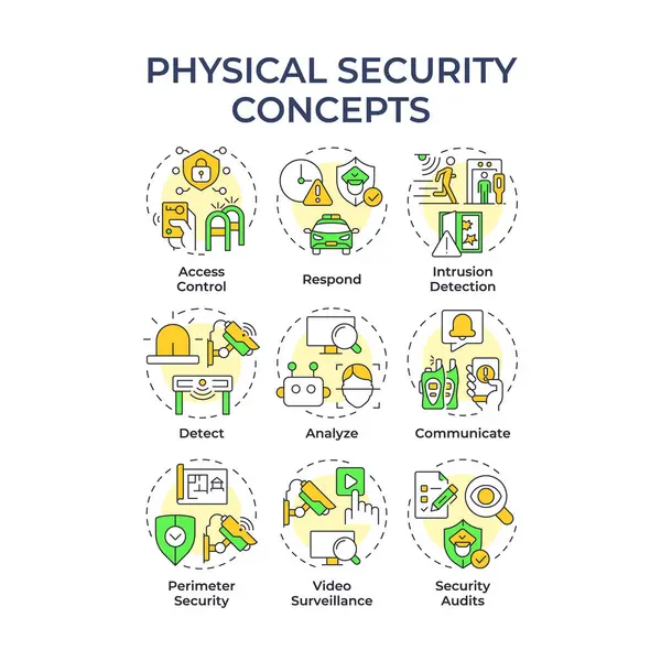 Fiziksel güvenlik çok renkli konsept simgeleri. Güvenlik stratejisi sağlıyor. İnsanları ve varlıkları korumak. Simge paketi. Vektör görüntüleri. Sunum için yuvarlak şekilli çizimler. Soyut fikir