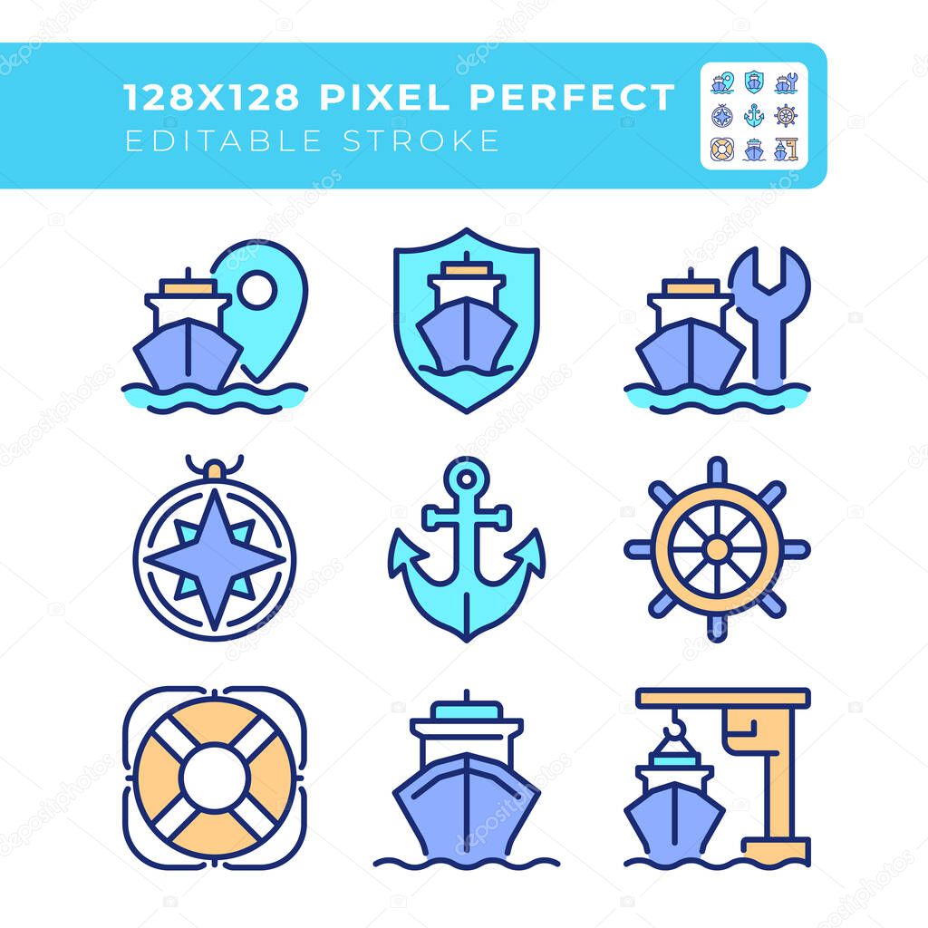 Maritime shipping industry pixel perfect line color icons set. Transporting cargoes by sea. Delivery industry. Vector illustrations. Simple flat colorful symbols collection. Editable stroke