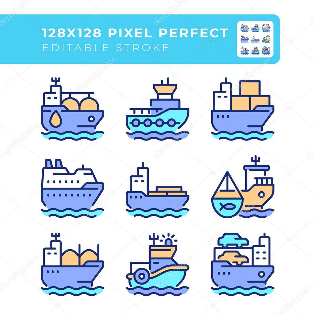 Cargo shops types pixel perfect line color icons set. Maritime transport delivering freights. Sea route delivery service. Vector illustrations. Simple flat colorful symbols collection. Editable stroke