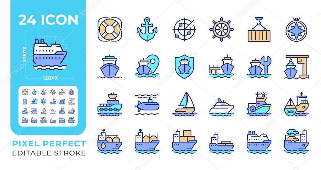 Maritime transport pixel perfect line color icons set. Transporting goods via sea routes. Shipping by watercraft. Vector illustrations. Simple flat colorful symbols collection. Editable stroke