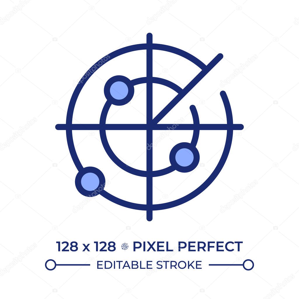 Marine radar pixel perfect line color icon. Equipment detecting ships and land hazards. Collision avoidance and navigation. Isolated vector illustration. Flat colorful symbol design. Editable stroke