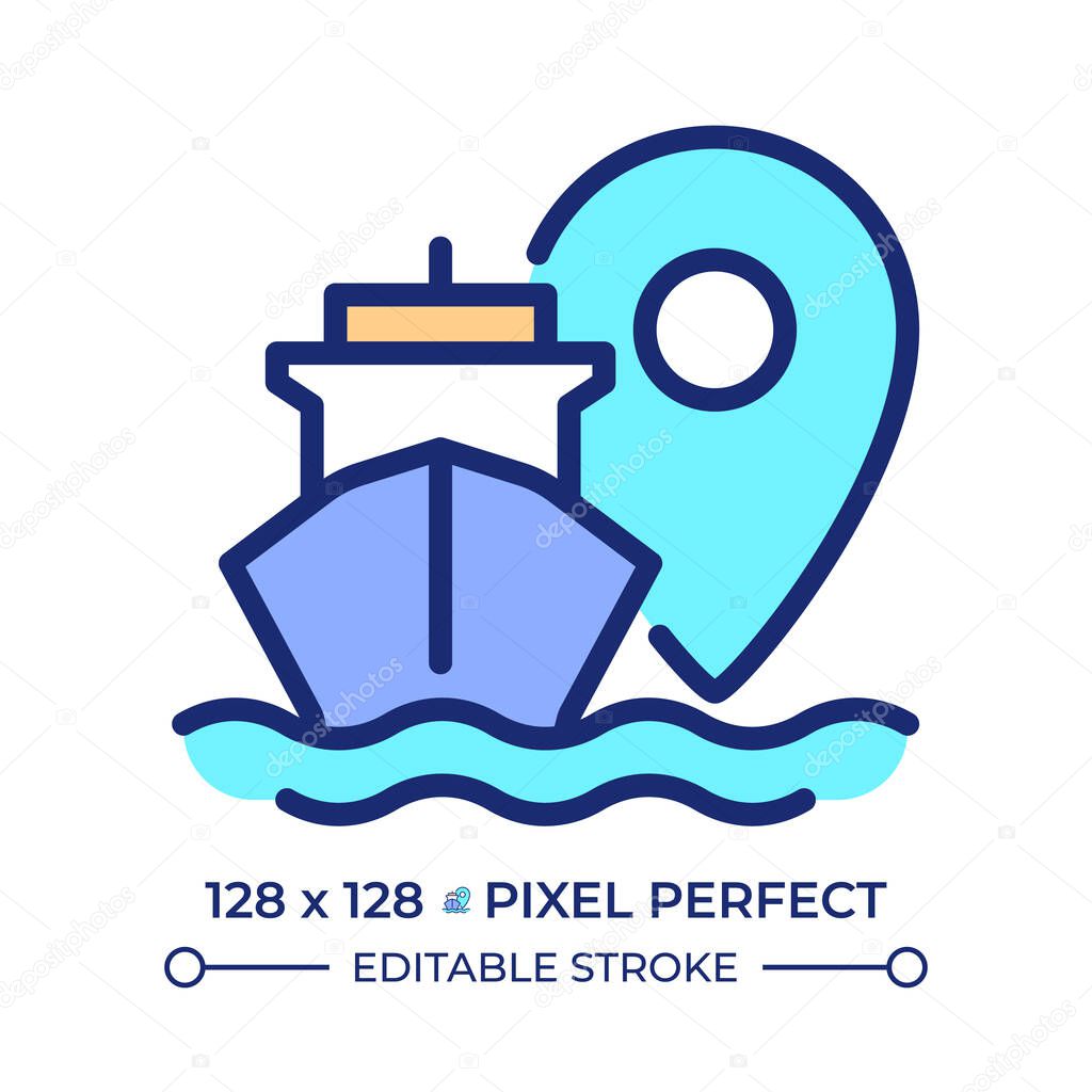 Ship location pixel perfect line color icon. Tracking vessel route in sea. Maritime transport industry. Navigation. Isolated vector illustration. Flat colorful symbol design. Editable stroke