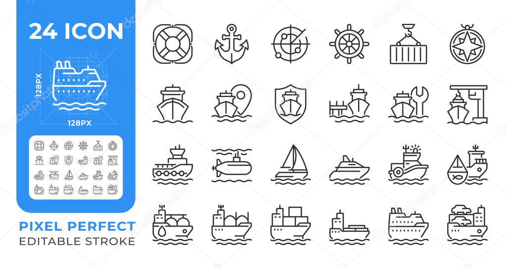 Maritime transport pixel perfect line icons set. Transporting goods via sea routes. Shipping by watercraft. Isolated vector outline illustrations. Thin lineart iconset symbols. Editable stroke